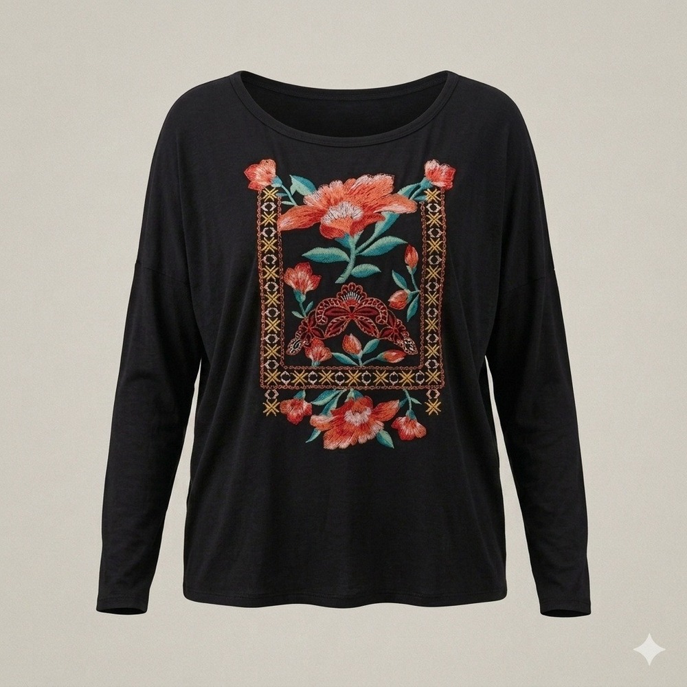 Ivory Women Stretch Black Long Sleeve Floral Embroidered Boho Relaxed Fit Top XL